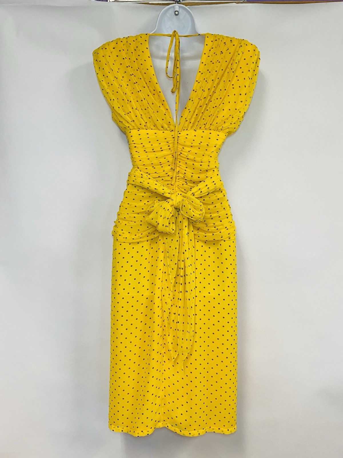 WAYNE CLARK Vtg 80s Yellow Brown Polka Dot Chiffon Draped Dress Floaty Scarf W30