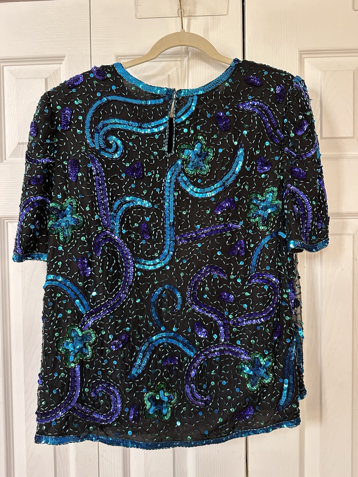 Vintage Laurence Kazar Beaded Sequin Glam Top 80s Dynasty Party Blues Hem XL