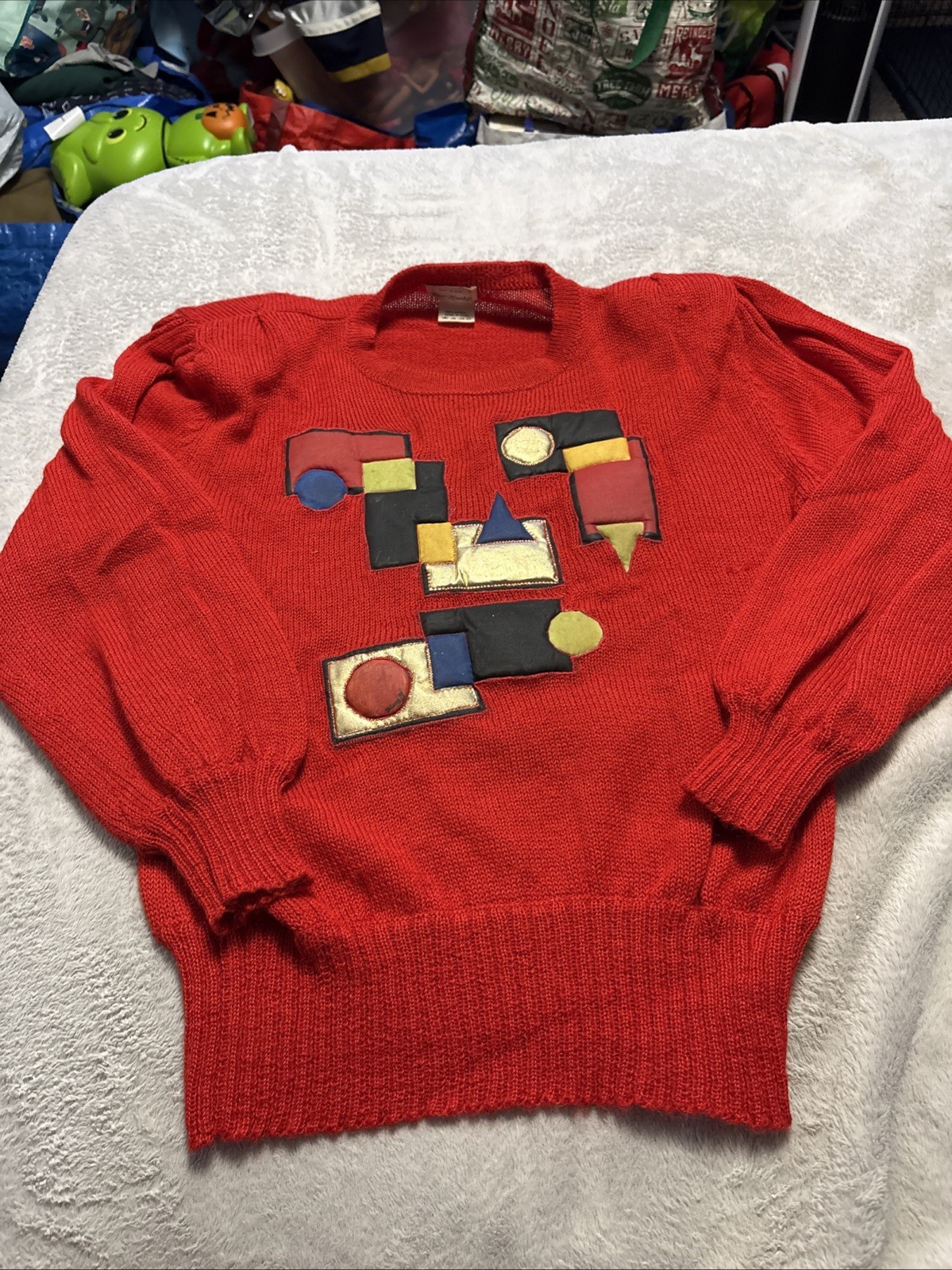 Vintage 80s Deco Knits Alpaca Sweater Red Geometric Pop Art Made in Peru Size L
