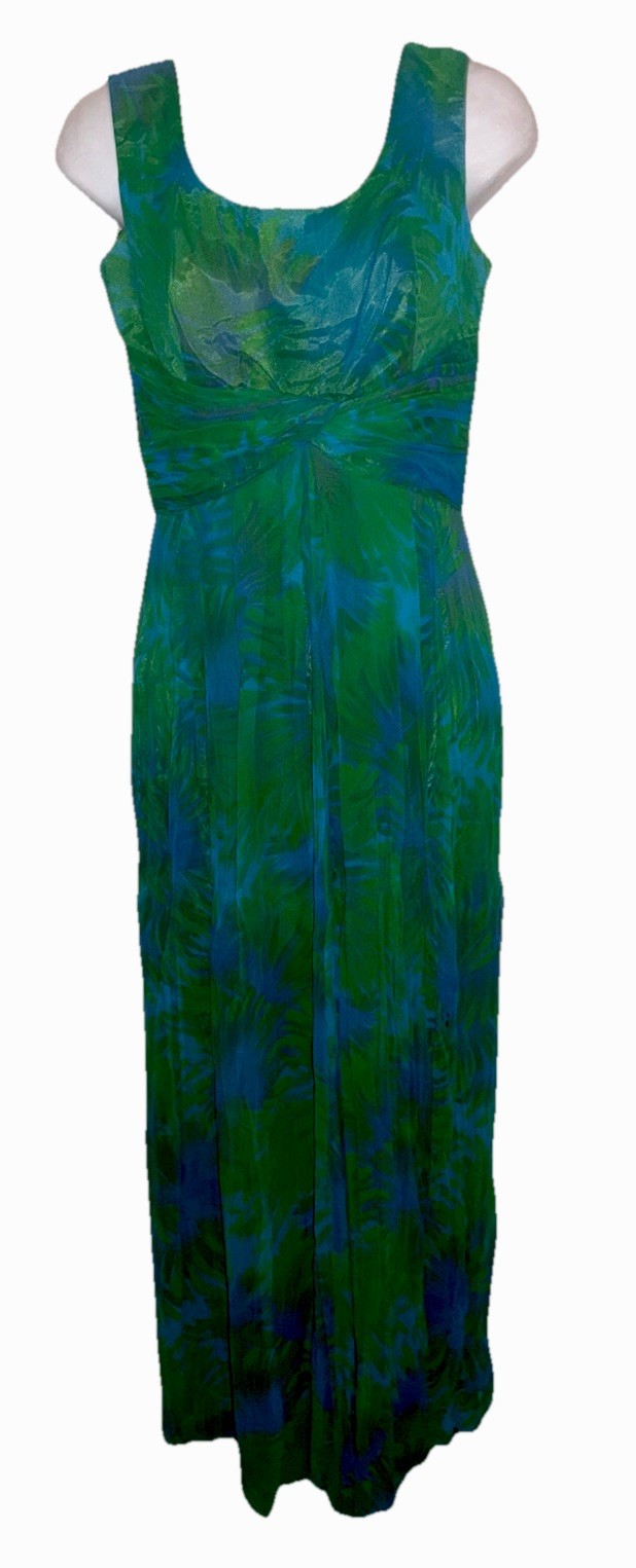 VTG 60s Custom Made Goddess Empire Bust Silk Chiffon Ruched Waist Maxi Dress S