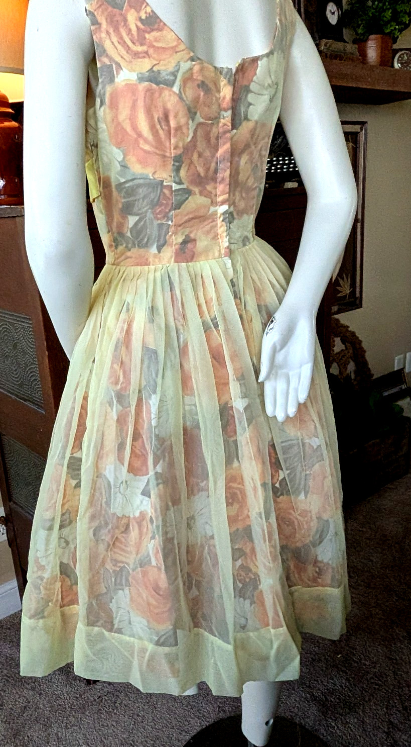 Vintage 50s Yellow Chiffon Prom Party Dress Tea Length 38” Bust (vintage 16)