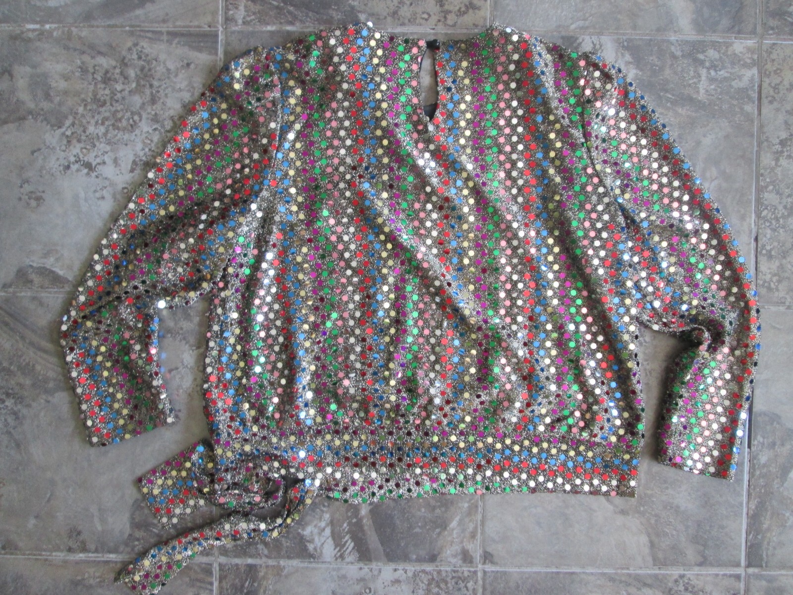 Vintage Another Thyme Shirt Large Sequin Mirror Colorful Party Club Disco Knot