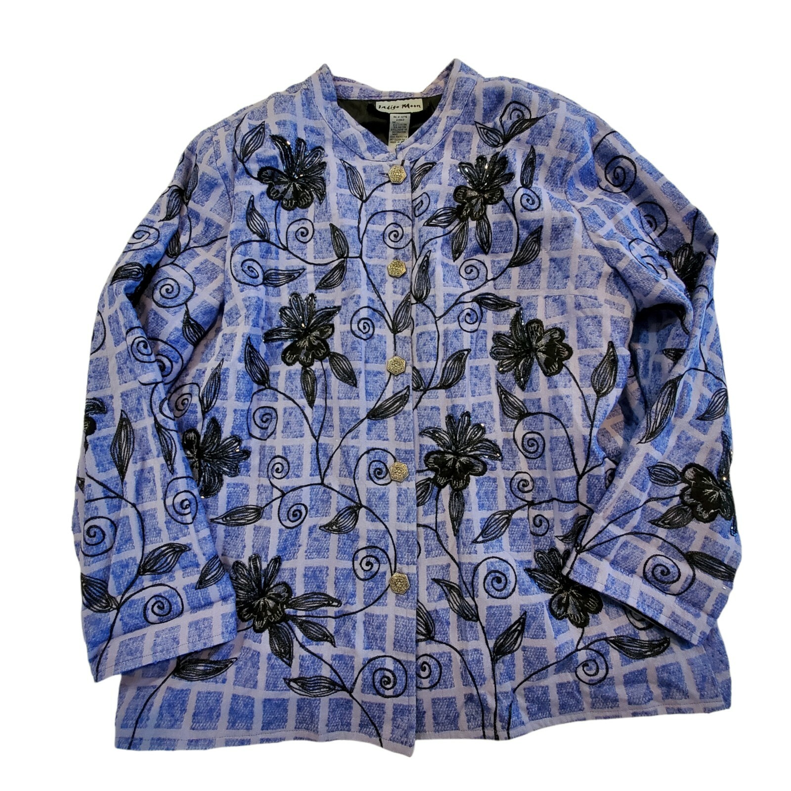 Vintage 90s Periwinkle Blue Floral Beaded Windowpane Jacket Lined XL X-large