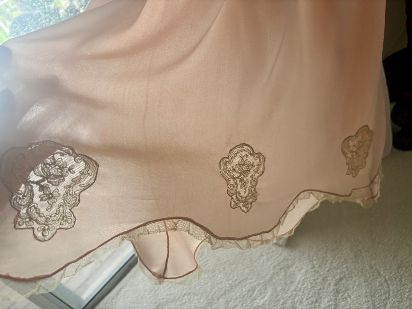 1930s Pink Silk and Lace Maxi Flapper Slip Dress with applique flowers