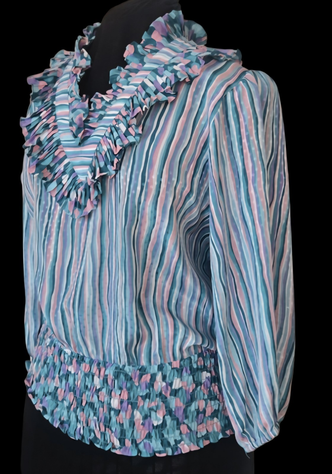1980s SUSAN FREIS 2pc Smocked Ruffled Collar Blouse And Pleated Skirt Set Size S