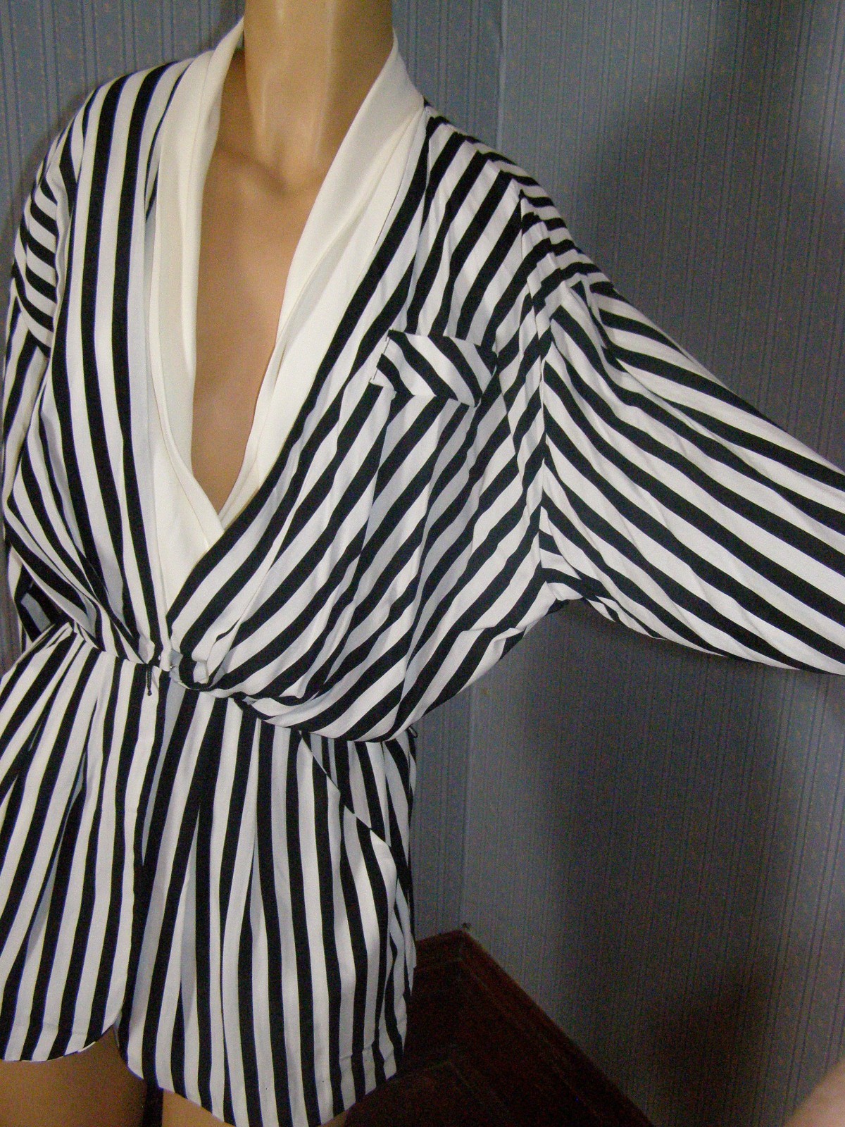 Vintage 90&rsquo;s black & white stripped AVANT GARDE top S M wrap style V-neck KWAI