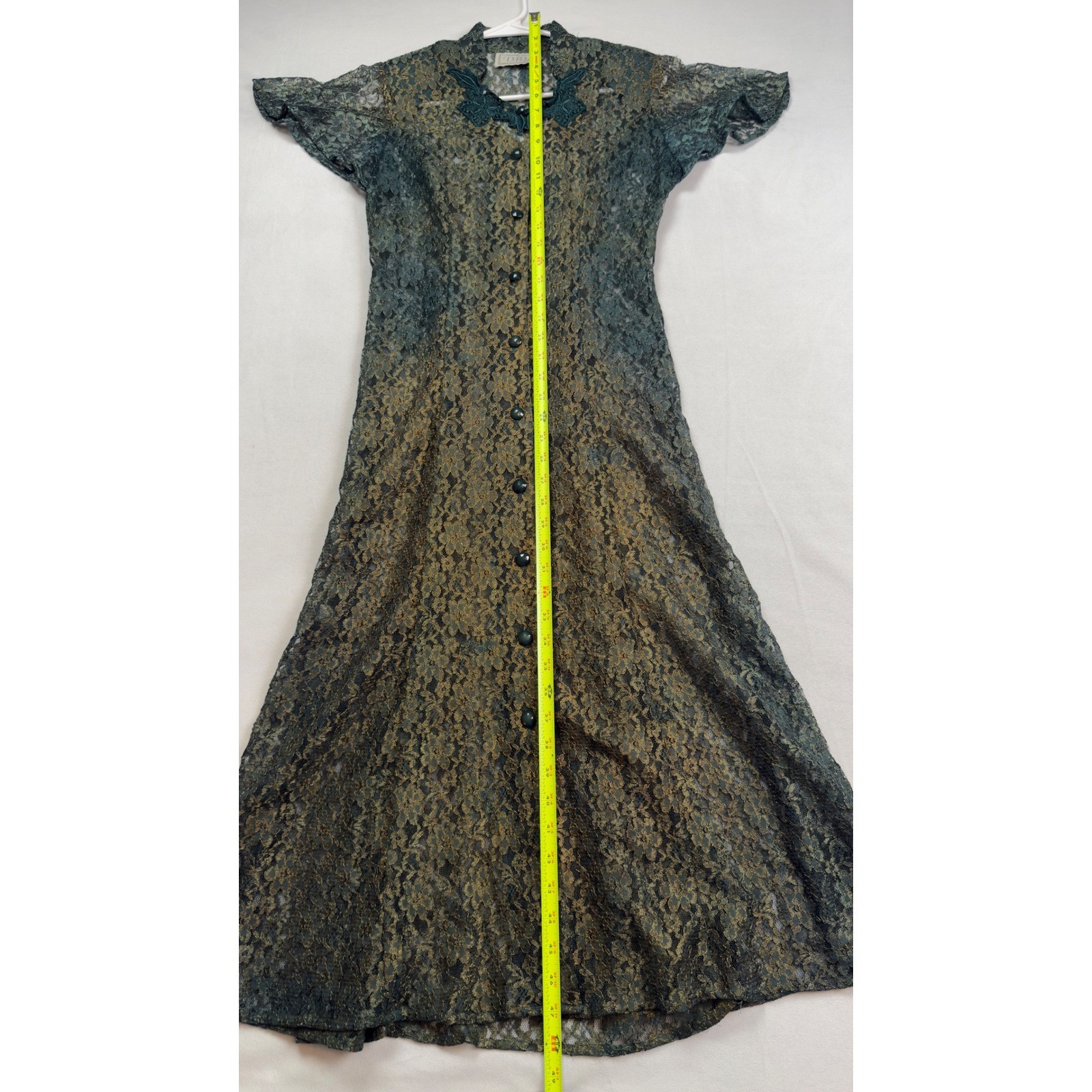 DBY Ltd VTG Y2K Green Gold Iridescent Lace Maxi Dress Button Front Sheer Duster