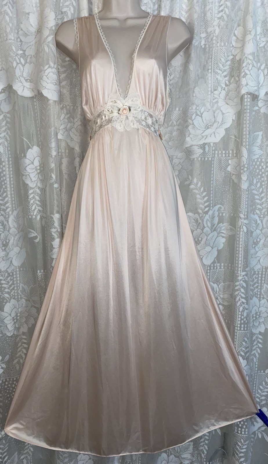 VTG S M FANCY LORRAINE PEACH SOFT Nylon WRAP Peignoir Robe Nightgown w Lace SET