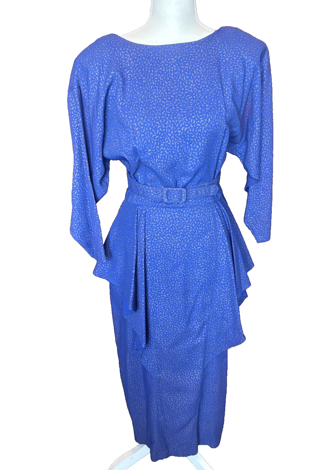 Vintage 80&rsquo;s Brioche California Dress Size 9 Blue Gold Secretary Batwing