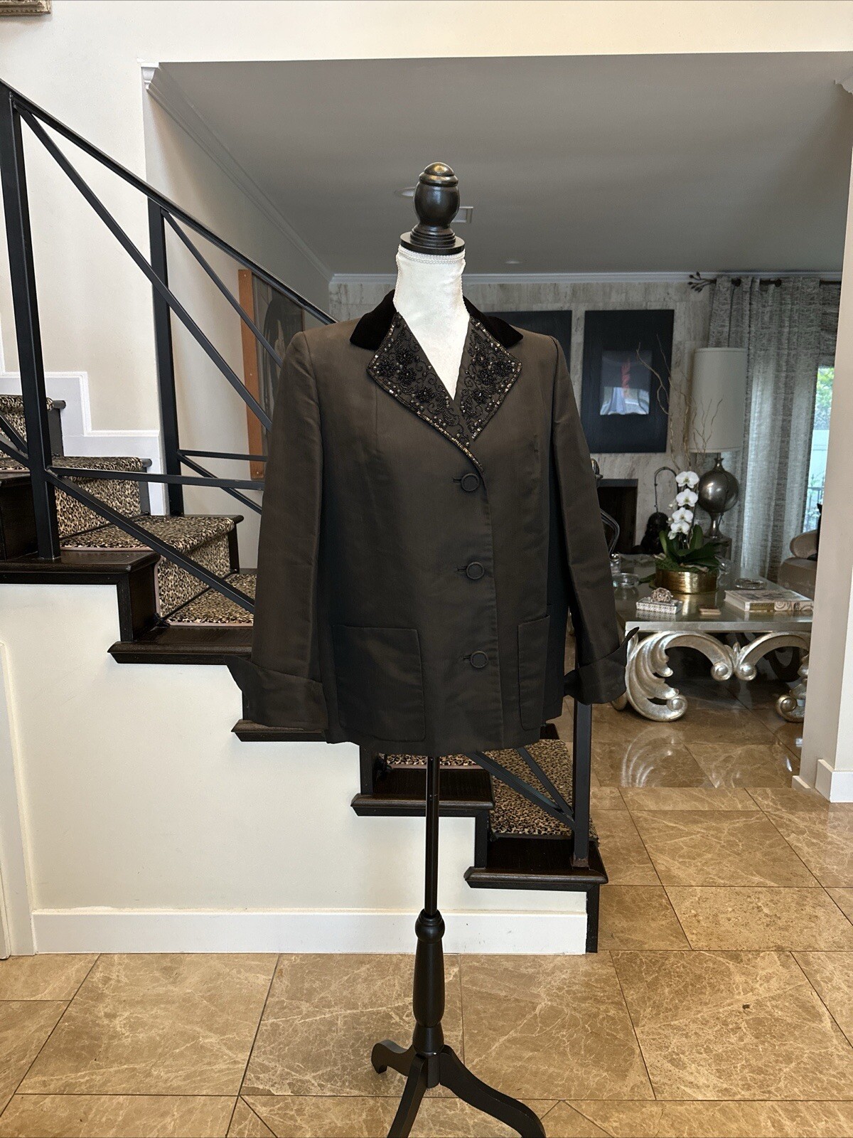 Bonwit Teller 40s Black Silk Faille & Beaded Velvet Lapel Jacket M