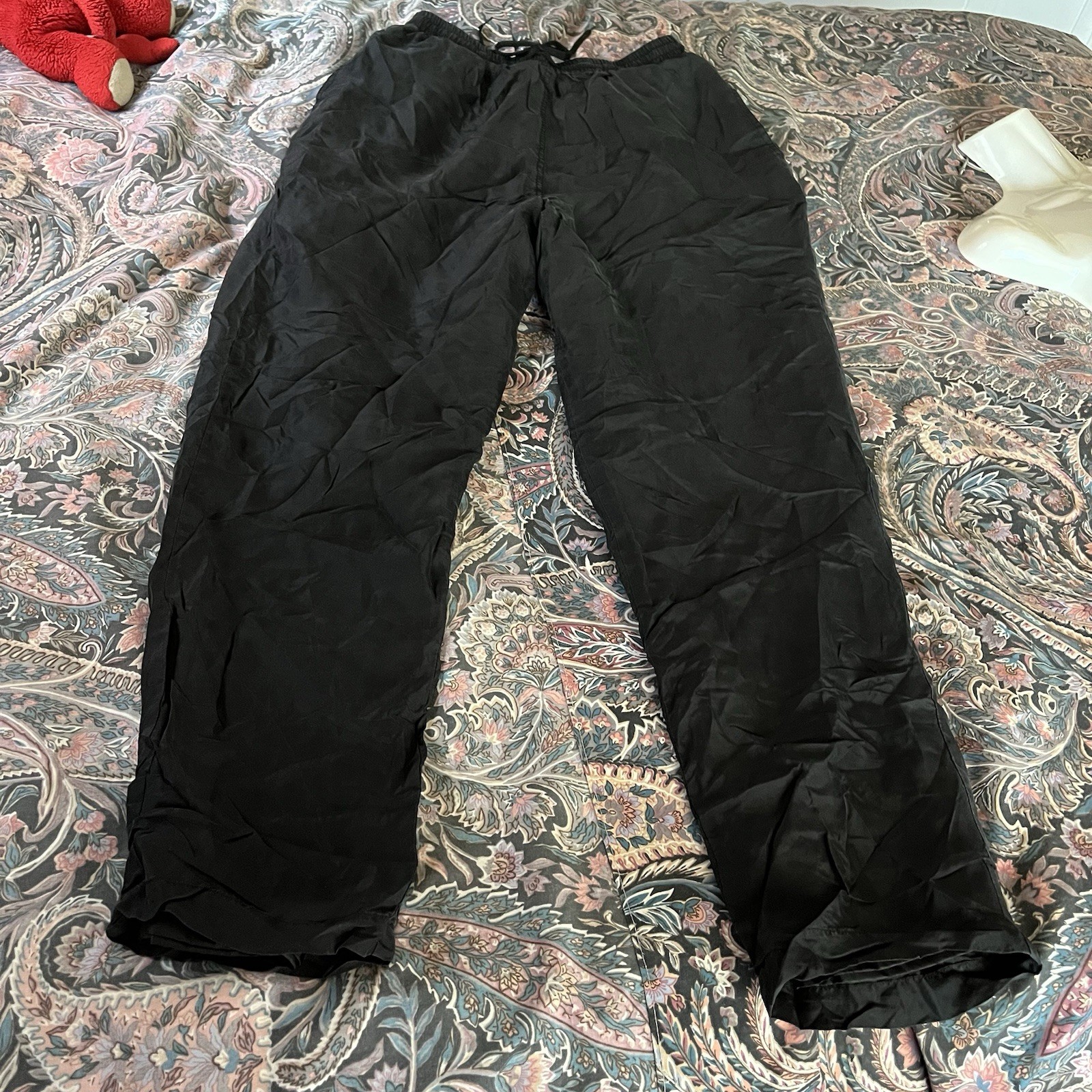 S Vintage Jogger Pants Black 100% Silk Drawstring Tapered Leg Elastic Waist High