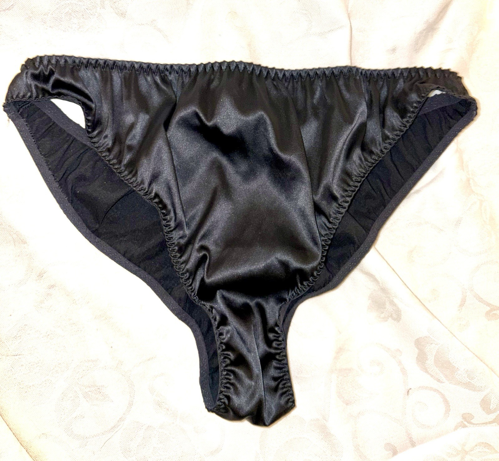 Sz L Vintage Black Satin String Bikini Tie Up Panty