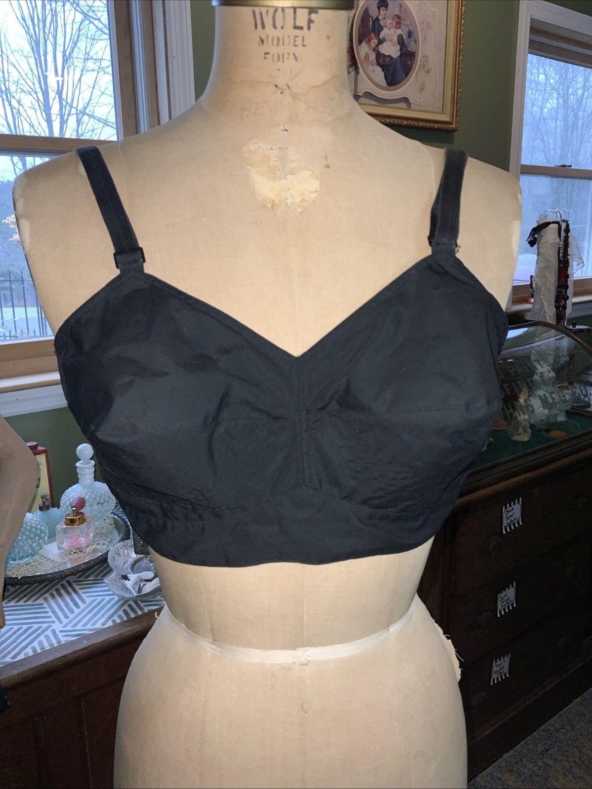 Vintage 40C Black Exquisite Form Longline Bullet Bra Pinup Poly Cotton