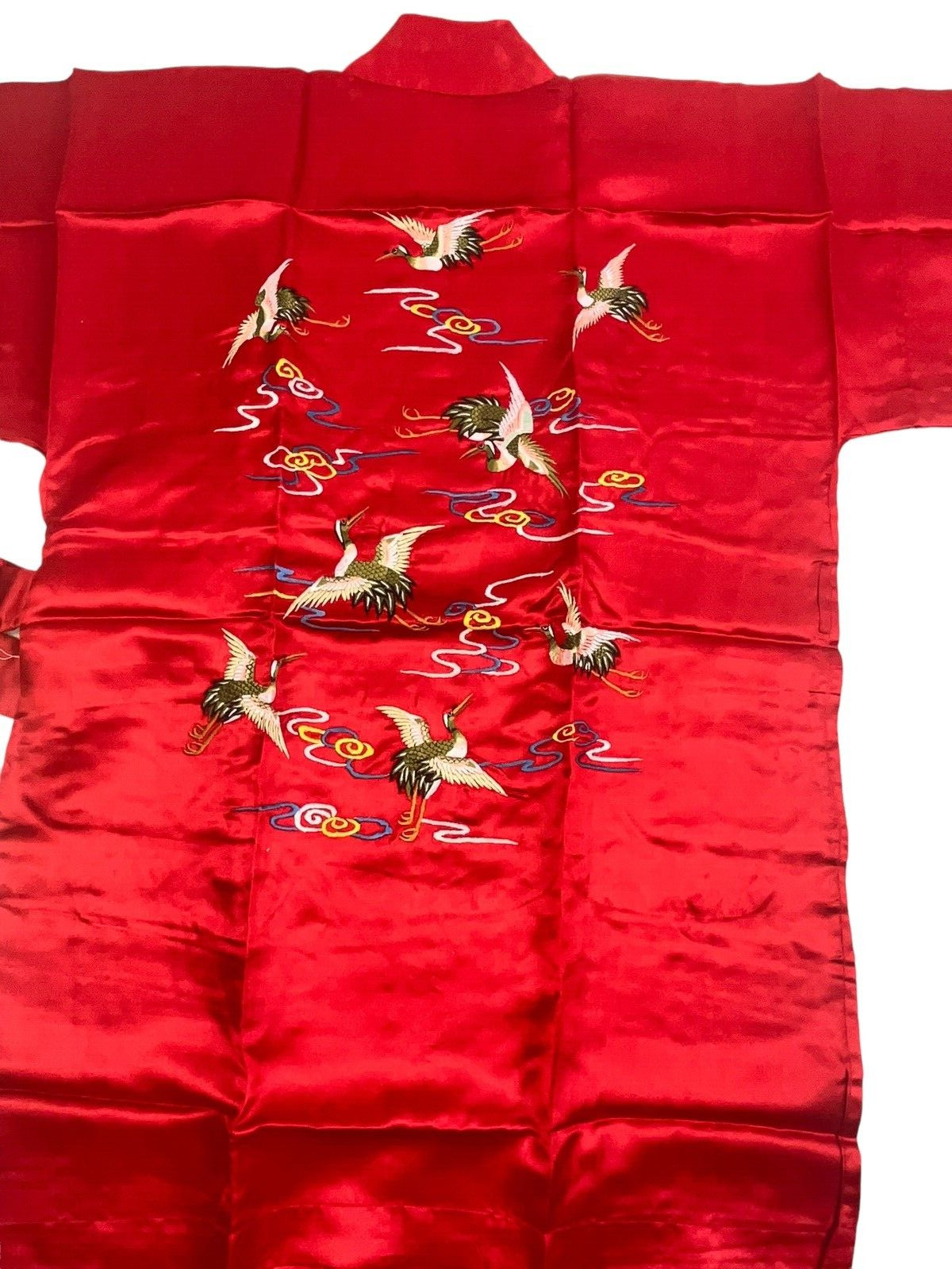NEW Real Chinese Red 100% Silk Embroidered Short Kimono Robe Birds 1960&rsquo;s NWT