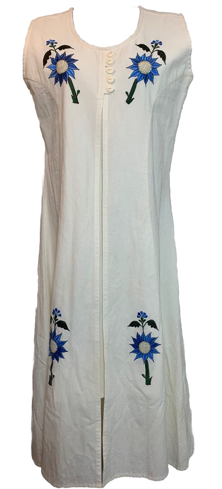 Ivory Muslin Maxi Dress Blue Embroidered Flowers S 100% Cotton Beach Coastal Y2K
