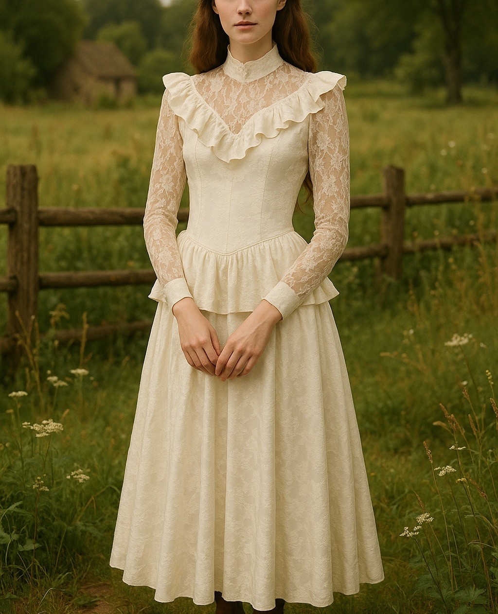 VTG 80s Roper Rustic Ivory Lace Jacquard Prairie Victorian Dress Womens 5/6 USA