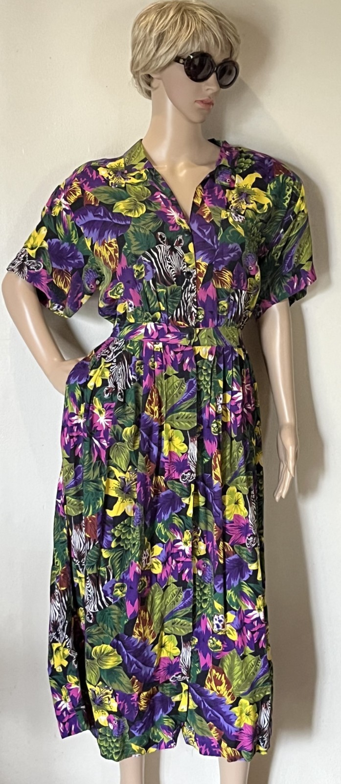 1980s Carol Anderson Animal Print Dress Zebra & Birds Made in USA Size Small