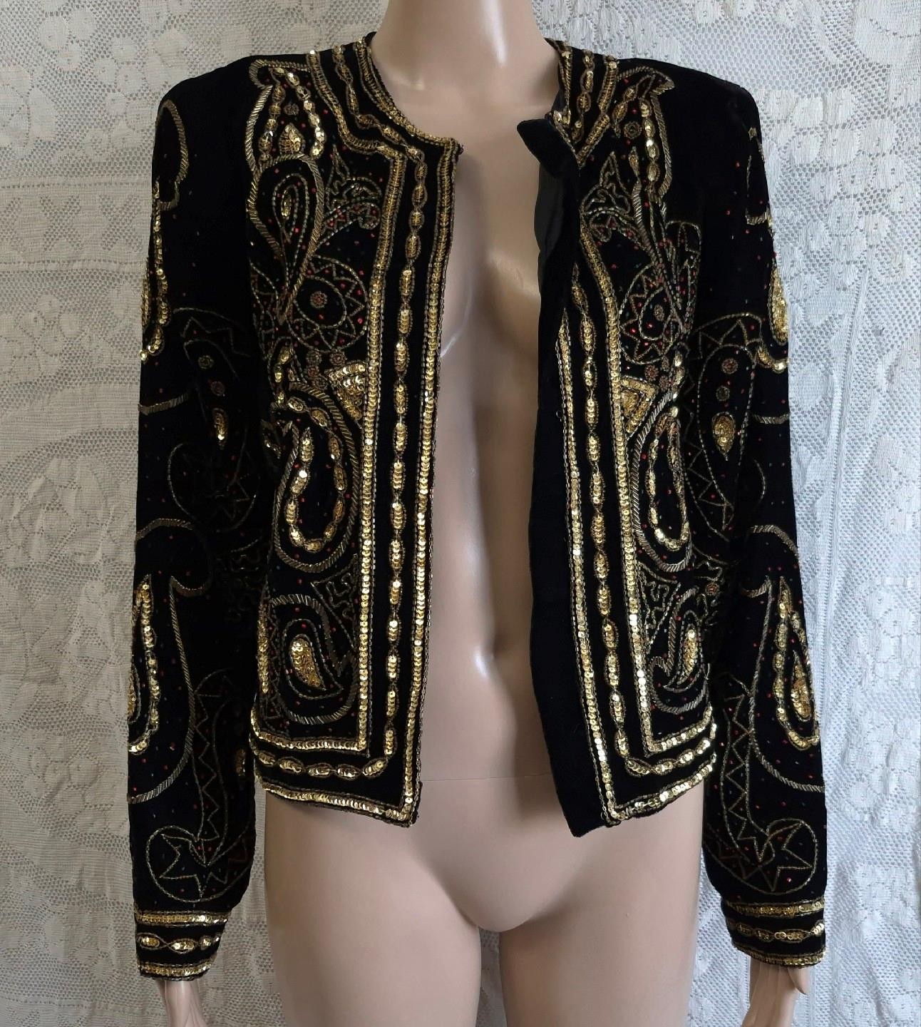 BLACK VELVET w/GOLD EMBROIDERY & BEADING Vintage 1980s BOHO GLAM JACKET M/L
