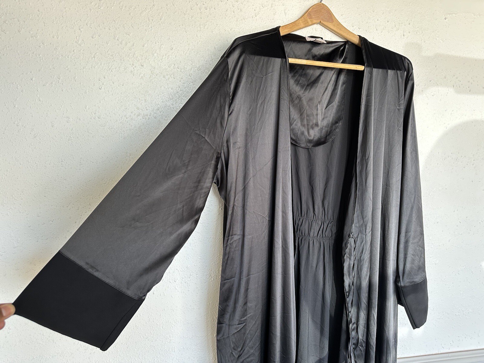 Vintage Cabernet Black Polyester Spandex Slip Dress & Robe w Belt Set Size XL