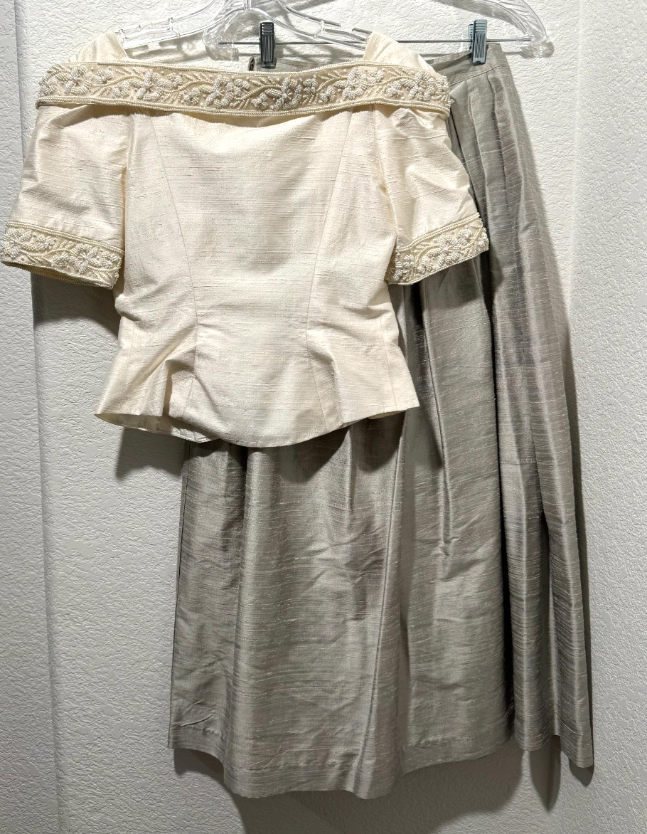 Vintage Romantic Beaded Ivory Blouse Skirt Set Watters Watters Bridal Top Sz 2/4