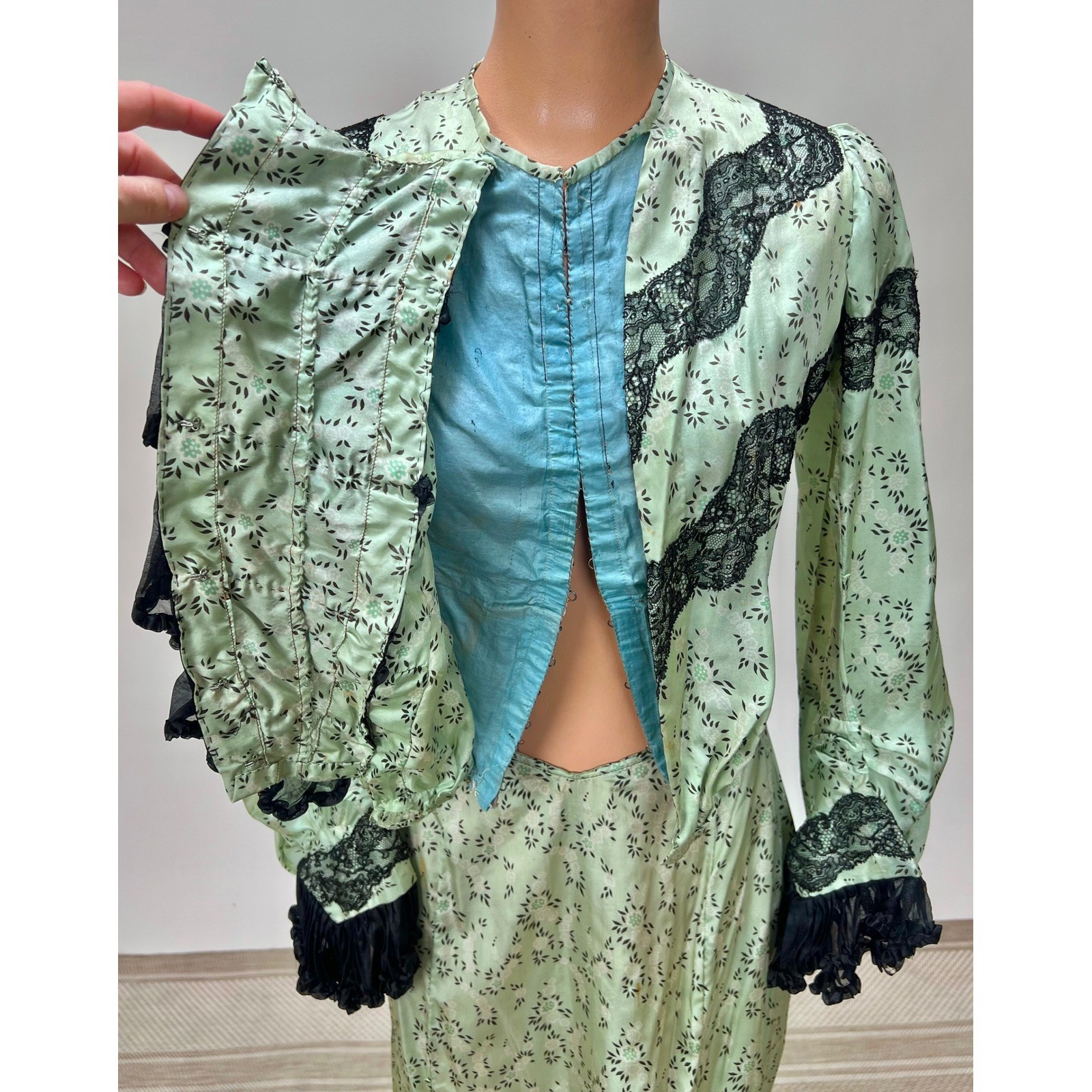 Antique Victorian Mint Green Printed Silk Two Piece Floral Skirt Set Black Lace
