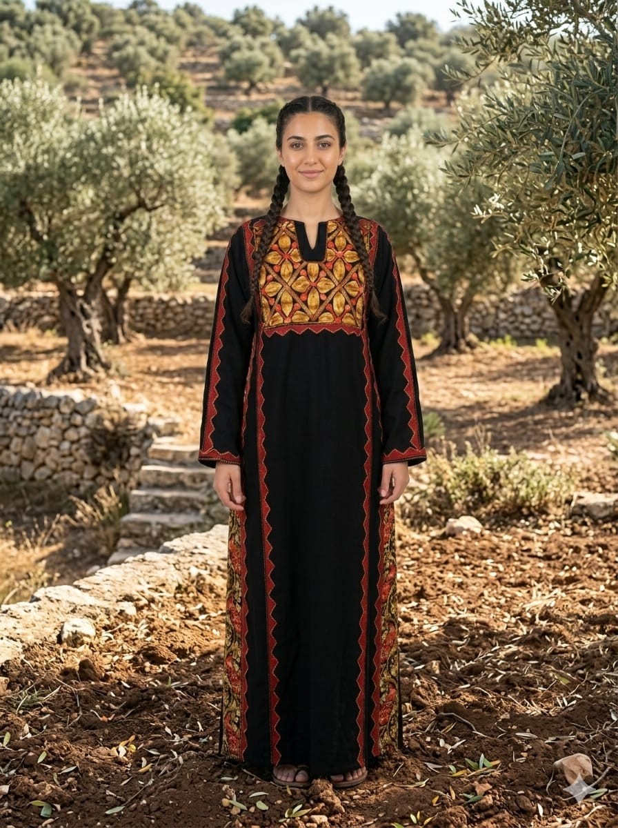 Antique Palestinian Hand Embroidered Folk Ethnic Dress, vintage Tatreez