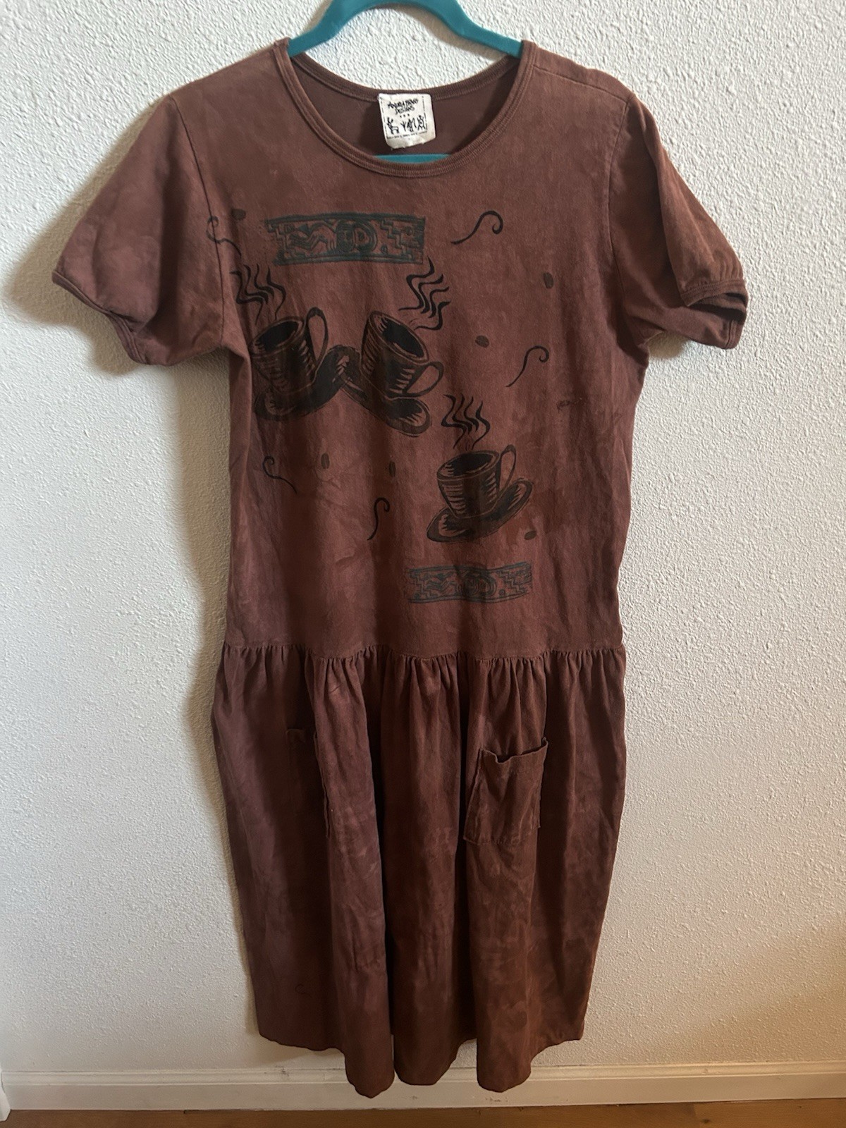 Vintage Andrea Bragg SS 2 Pocket Brown Coffee Time T Shirt Dress Size M