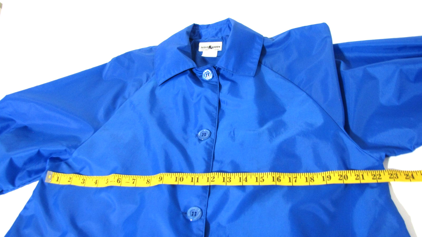 VTG Aqua Sheen Royal-Blue Button Raincoat Trenchcoat Packable Lightweight Wm S/M