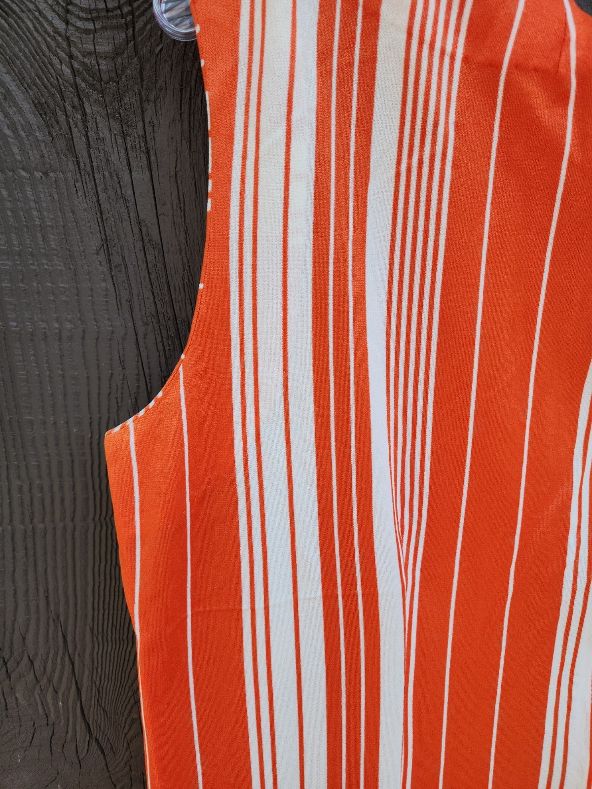70s Handmade Orange White Stripe Silky Double Knit Polyester Dress Womens XL-1X