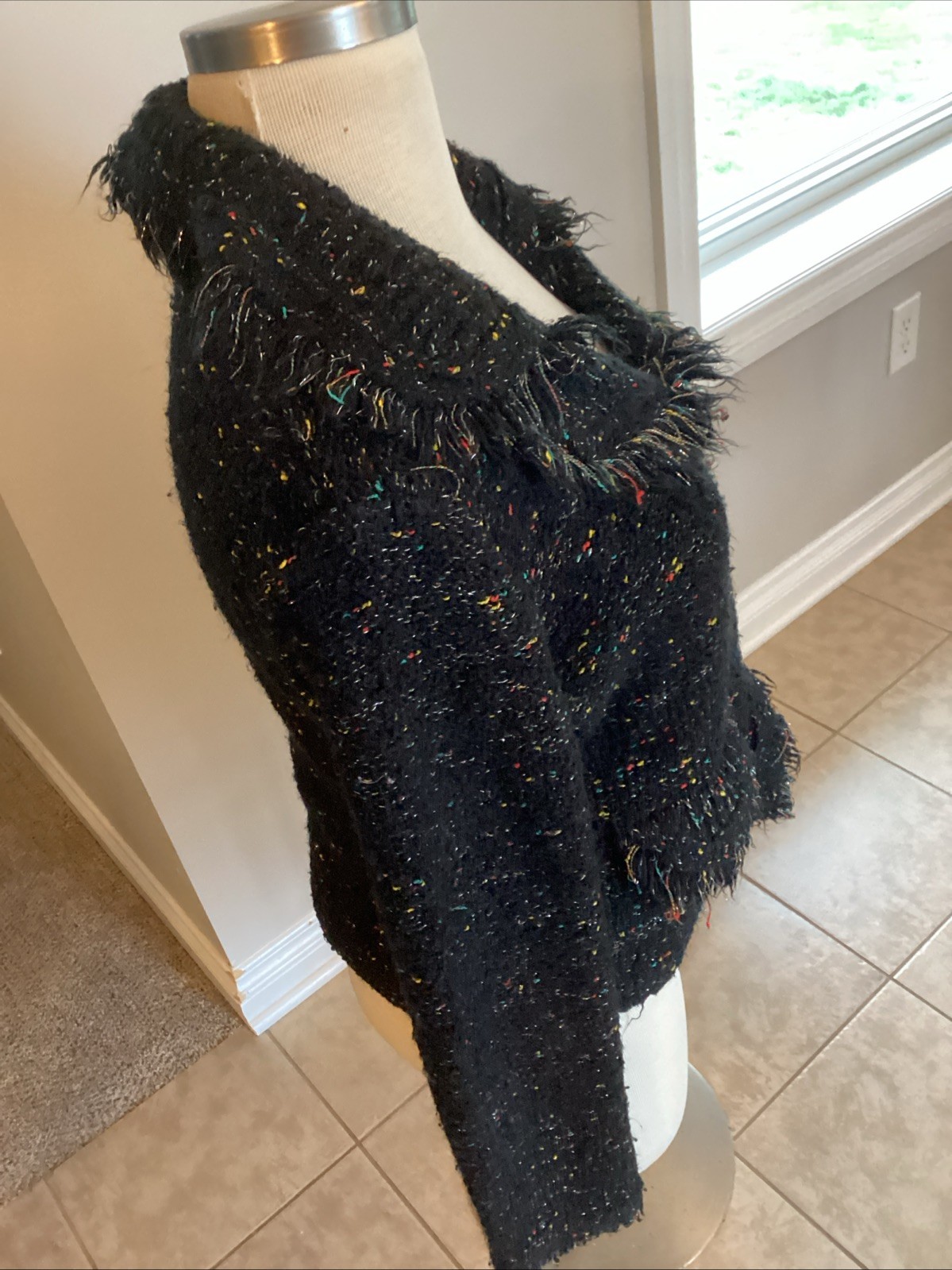 Milano Acrylic Fringe Trim Button Speckled Metallic Cardigan Size XL Black