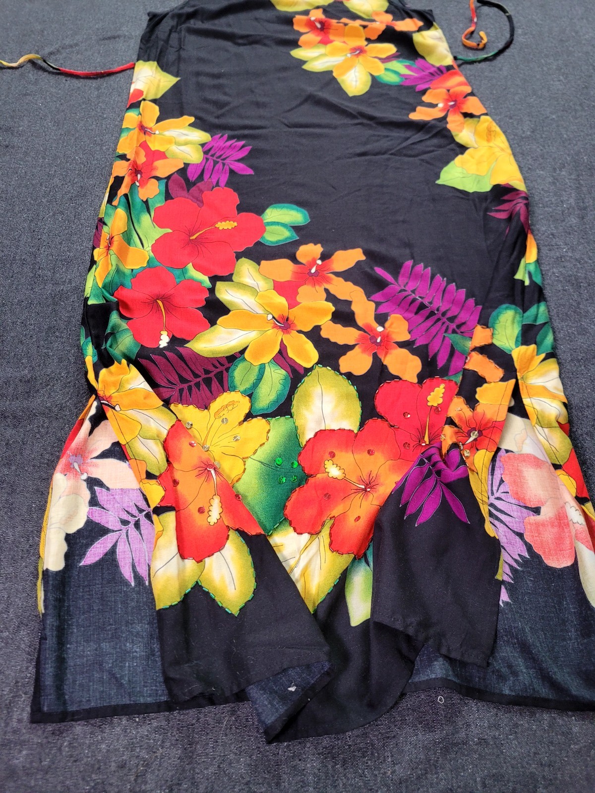 Vintage 80s 90s Black Floral Bright Hawaii Midi Dress Tie Back Shift M/L Beaded