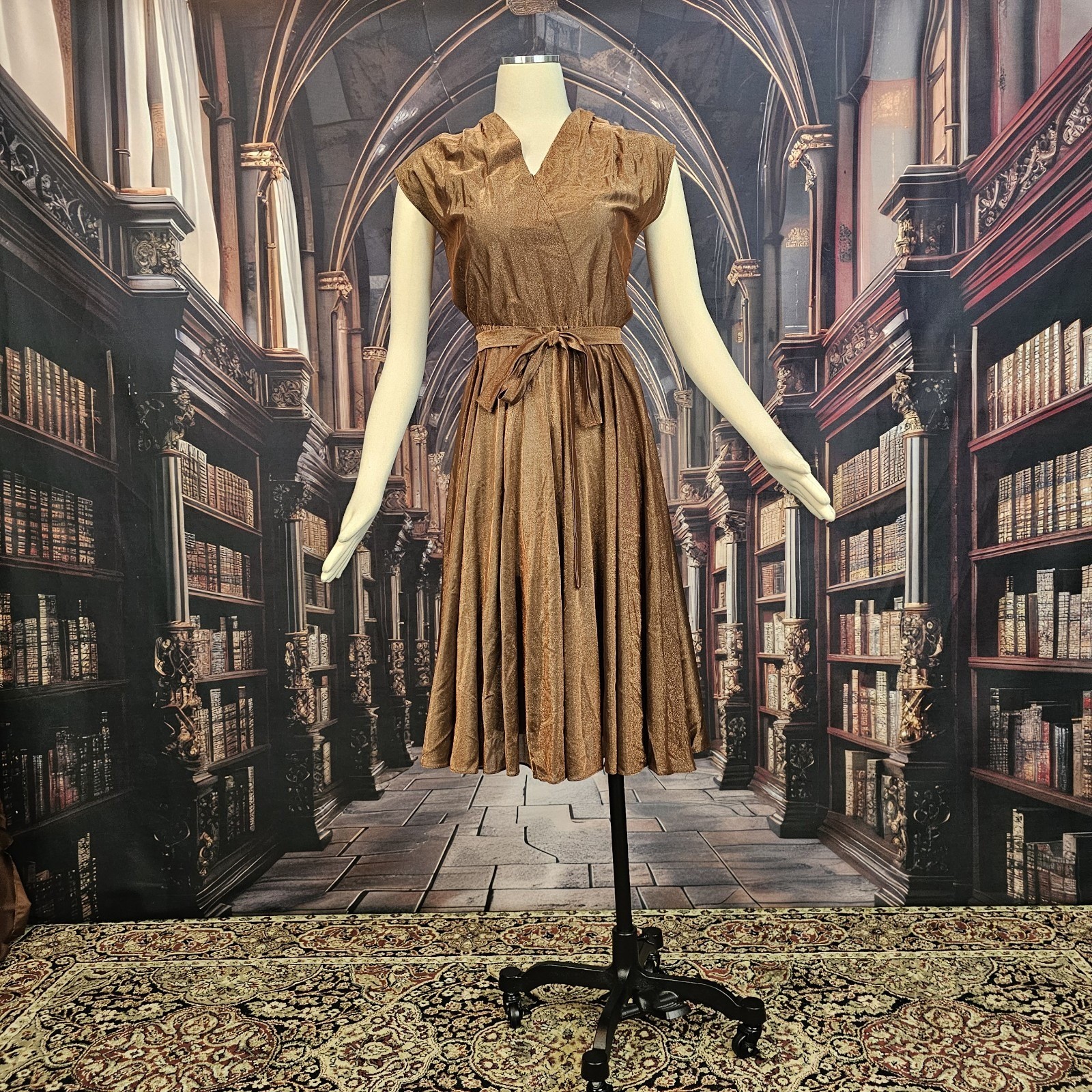 Vintage 1970s Dress Copper Brown V-neckline Cap Sleeve Tie Waist Circle Skirt