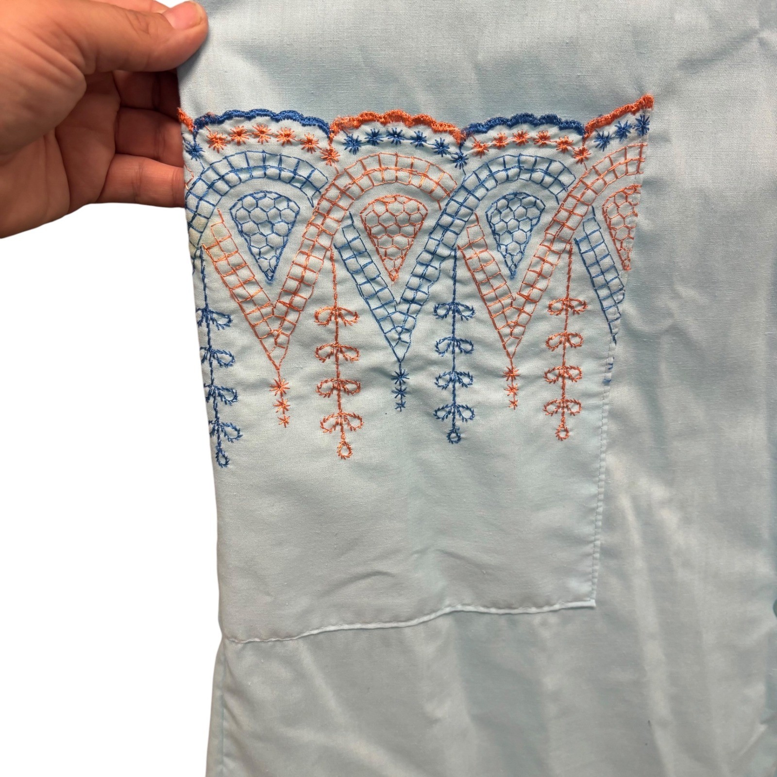 Vintage Light Blue Embroidered Button Front House Dress Robe Pockets Retro L