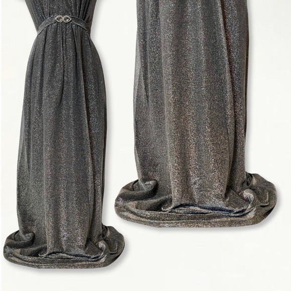 Vintage 1970s Silver Metallic Studio 54 Keyhole Jewel Belted Halter Maxi Dress