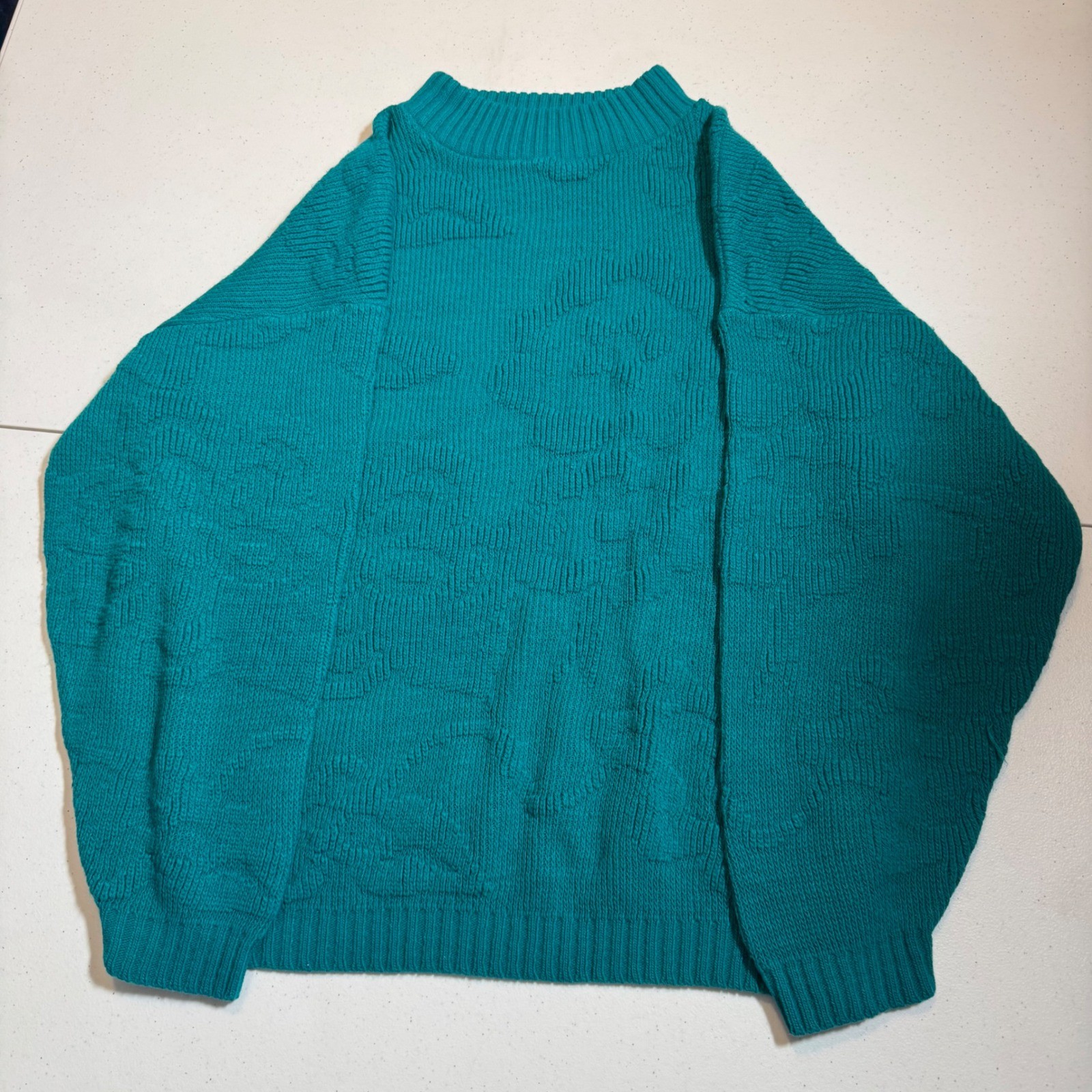 80&rsquo;s Spunky Retro Vintage Teal Green Floral Textured Knit Sweater Medium Grandma