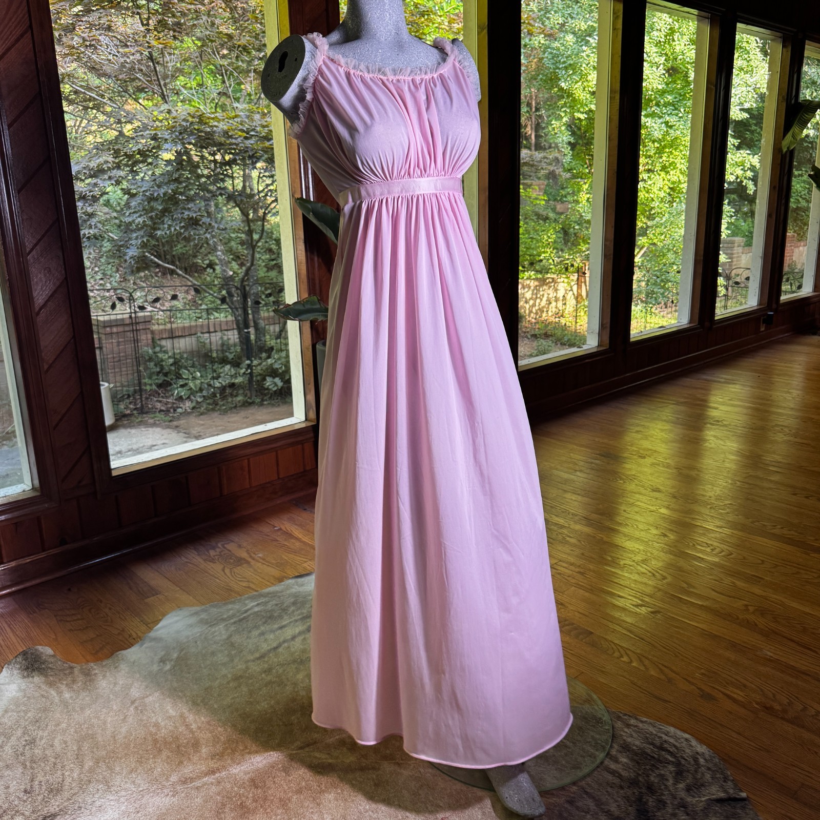 Vintage 1960s Vanity Fair Nightgown Barbie Pink Sheer Ruffled Straps Size 32