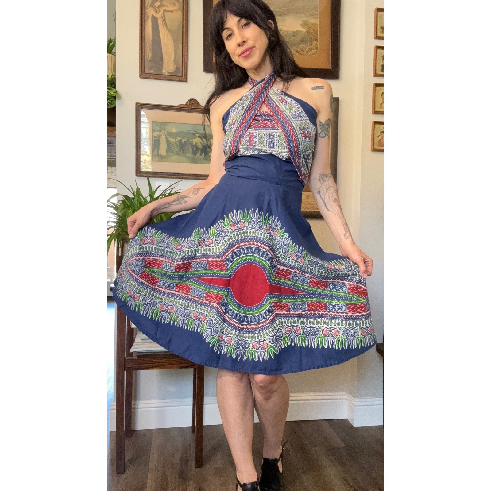 Vintage 60s 70s wrap convertible halter dress dashiki print hippie bohemian