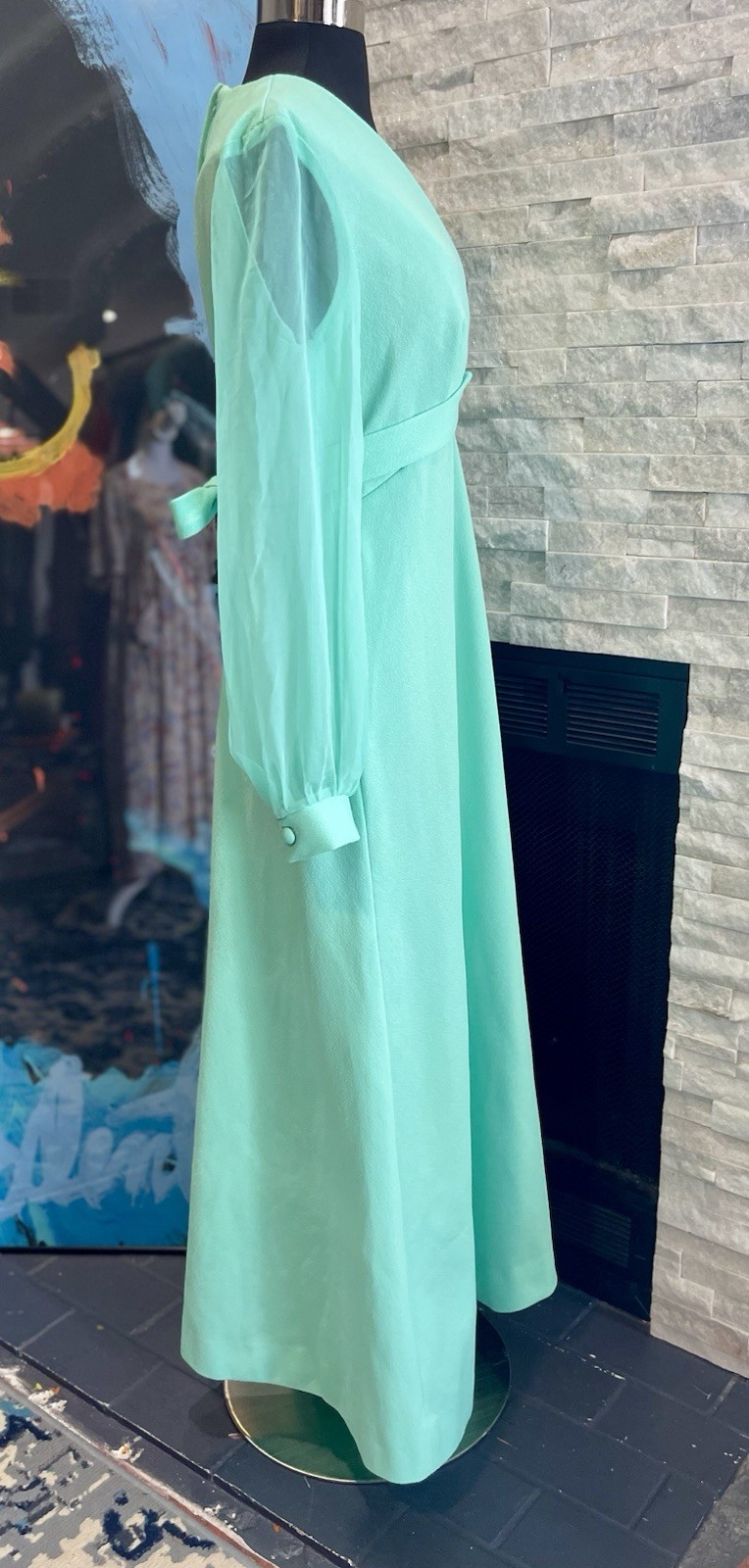 Vintage Green 1970s Hostess Dress Sheer Sleeve Belted Tie Maxi Special Occasion