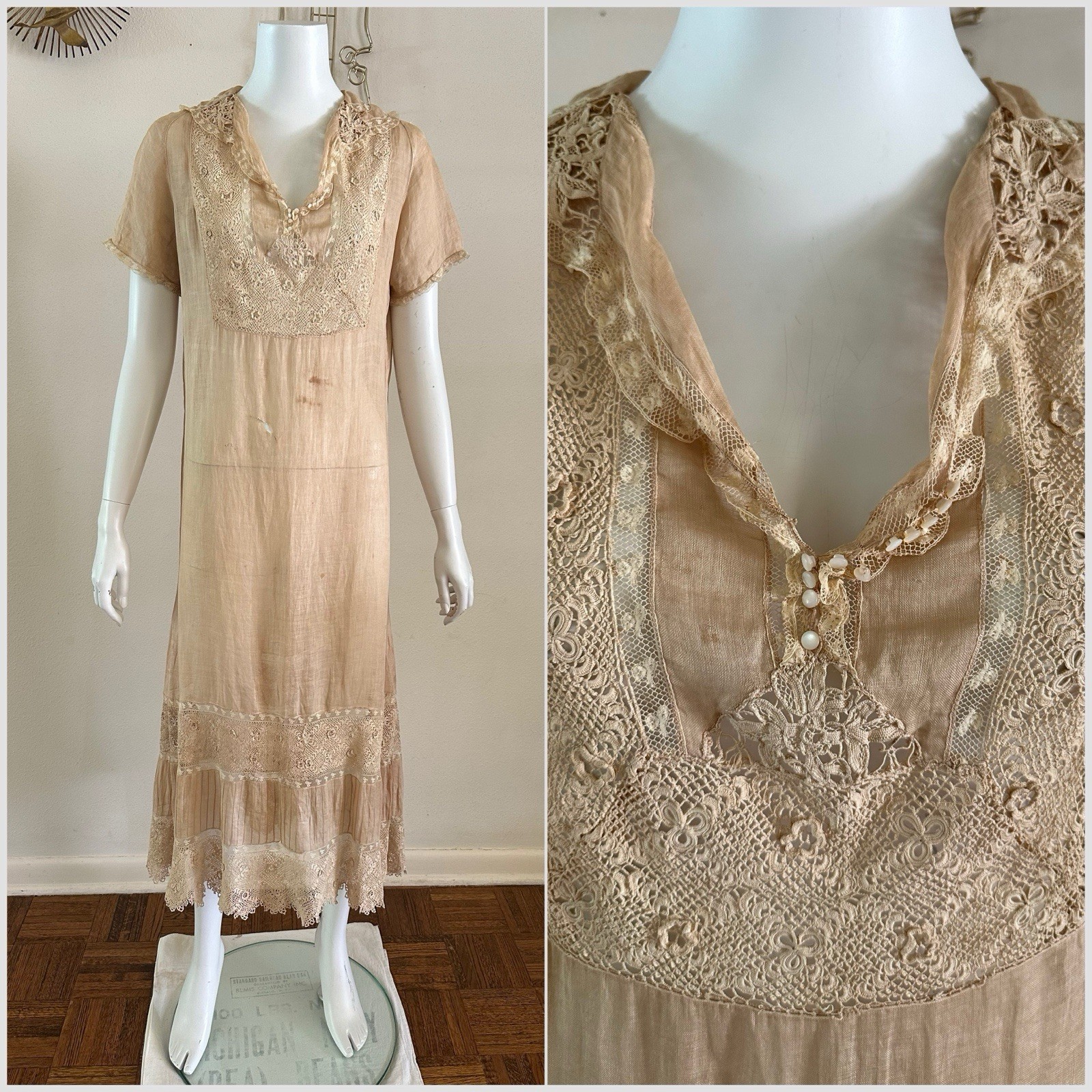 1920s Irish Crochet Filet Lace Tea Dress Ecru Linen Cotton Antique MOP Buttons