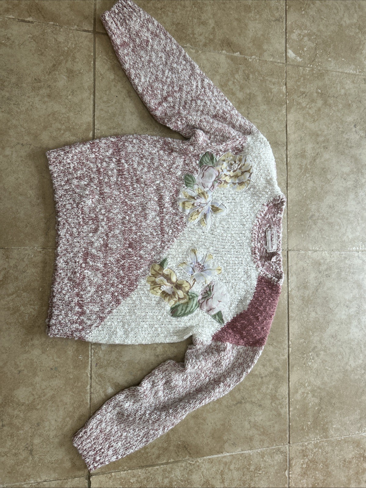 Vintage Marbled Sweater Cream And Mauve With Flowers And Pearls