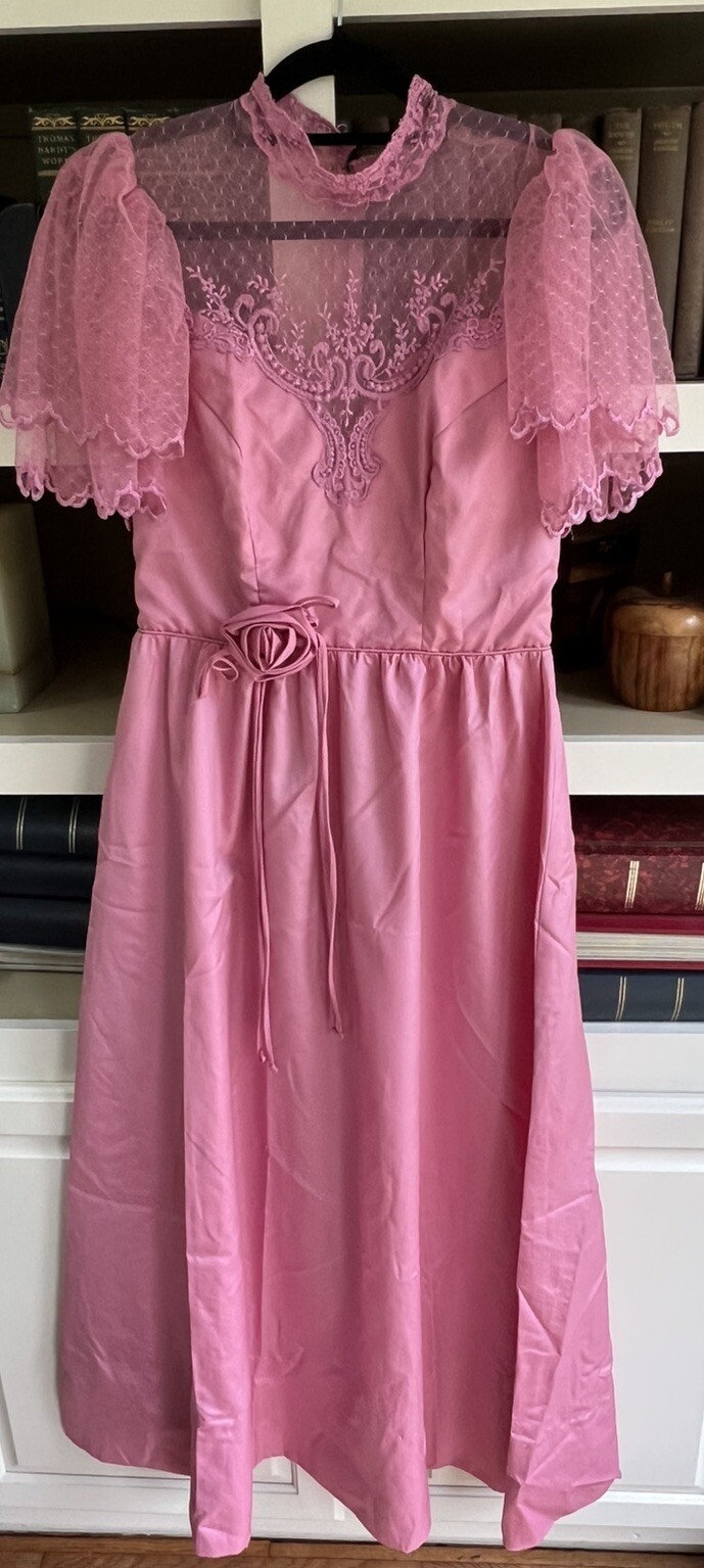 Vintage 1970s Eve Of Milady Mauve Pink Lace Bodice Butterfly Sleeve Prom Dress S