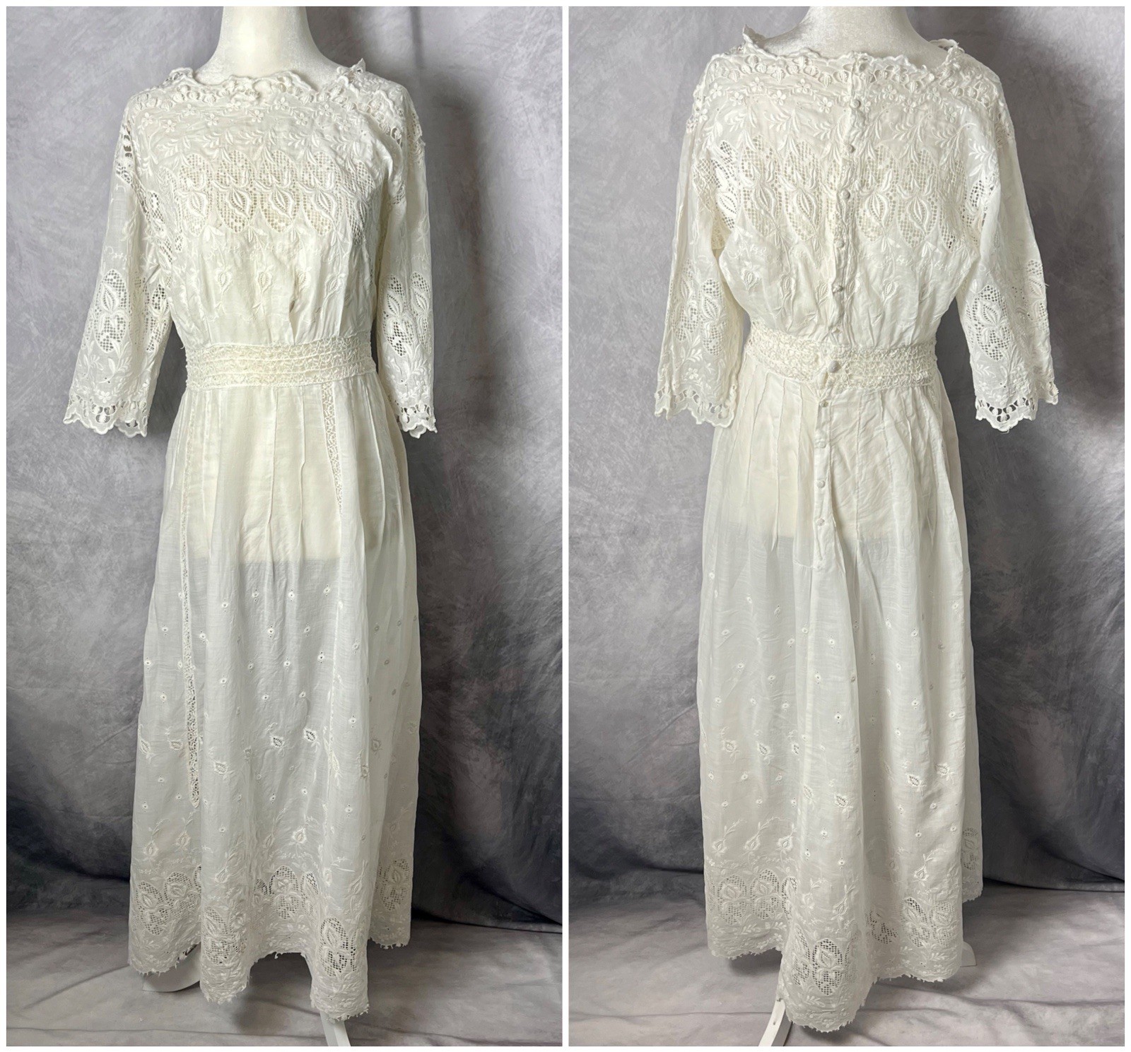 Antique 1900s Edwardian White Cotton Lawn Tea Dress Embroidered Lace Cutwork S/M
