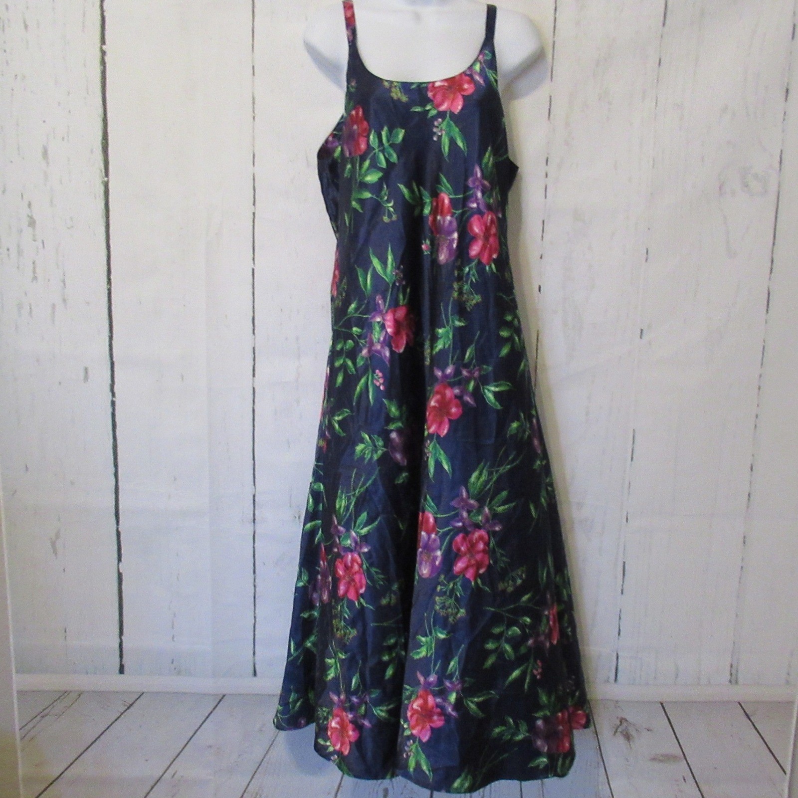 Vintage Go Softly Nightgown L Navy Blue Floral Maxi Satin Slip Dress