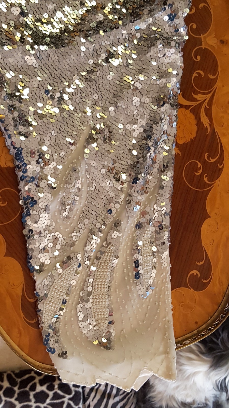 Vintage SILK Sweater Dolman Sleeves TONS SILVER SEQUINS Faux PEARLS S/M BEAUTY!
