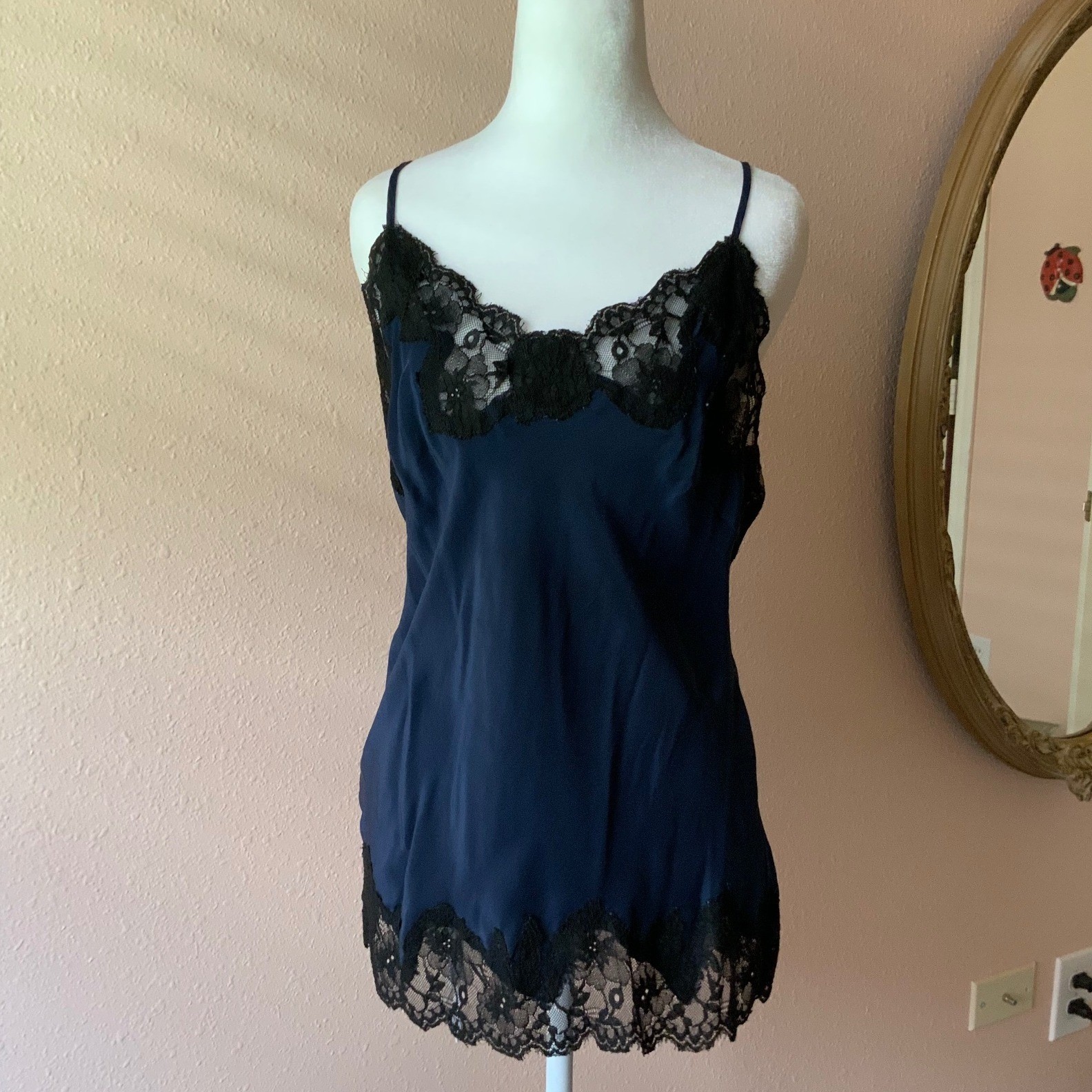 Navy Blue and Black Lace Gold Hawk Silk Cami Large