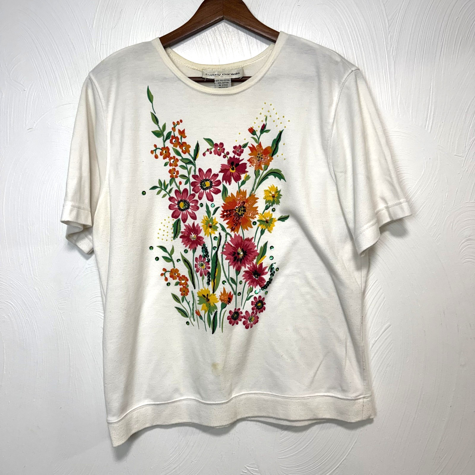 Vintage Cathy Daniels Women&rsquo;s White Cotton Blend Floral Short Sleeve Shirt Med