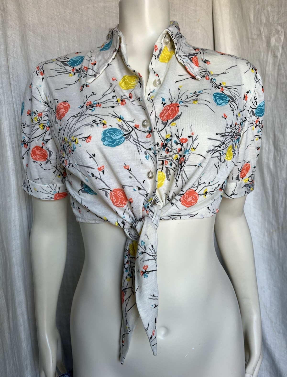 Vintage 70s Floral Crop Tie Blouse Summer Prairie Blooms Hippie Boho Cottage S/M