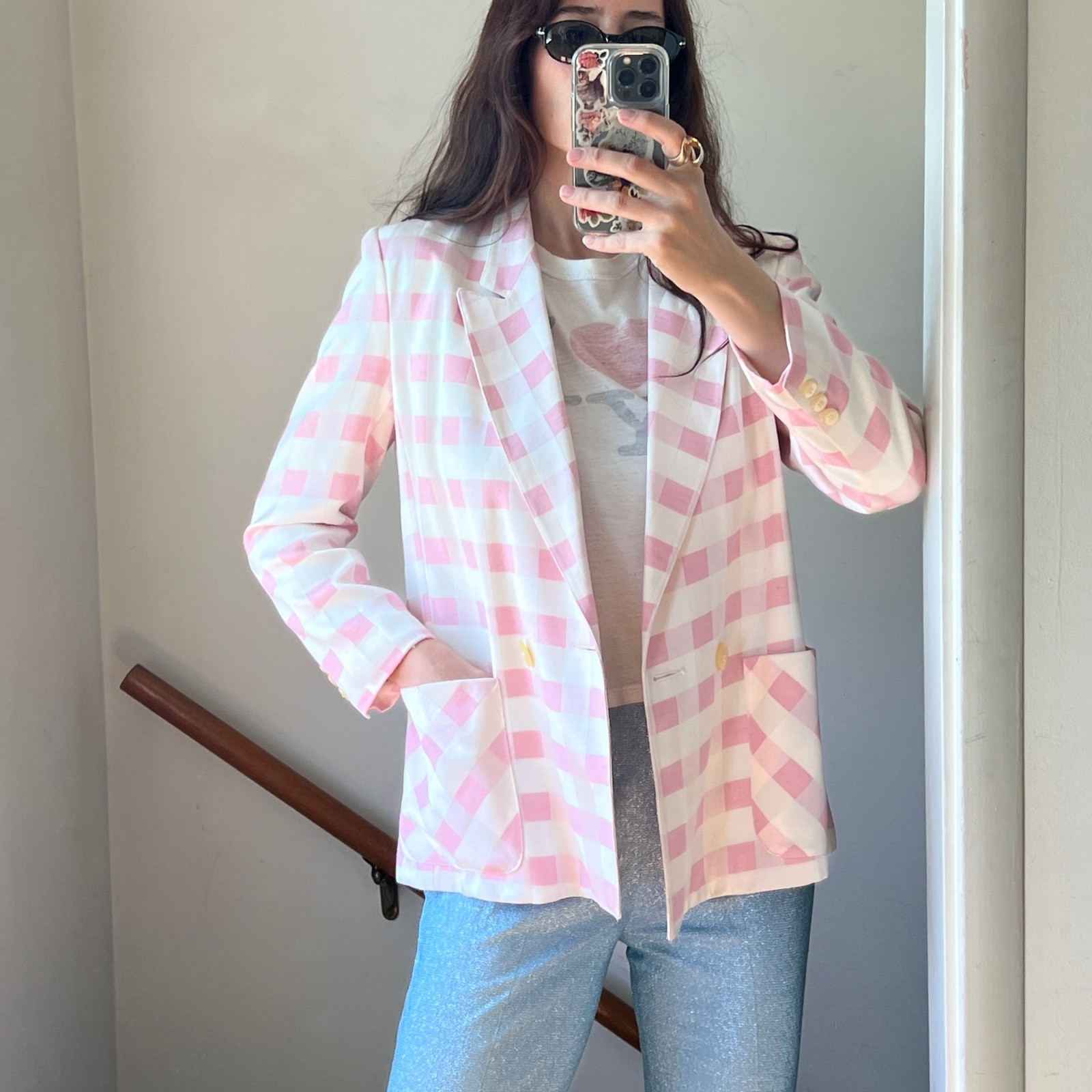 Vintage 1980s Blazer Pink White Gingham Check Double Breasted Jacket Avant Garde