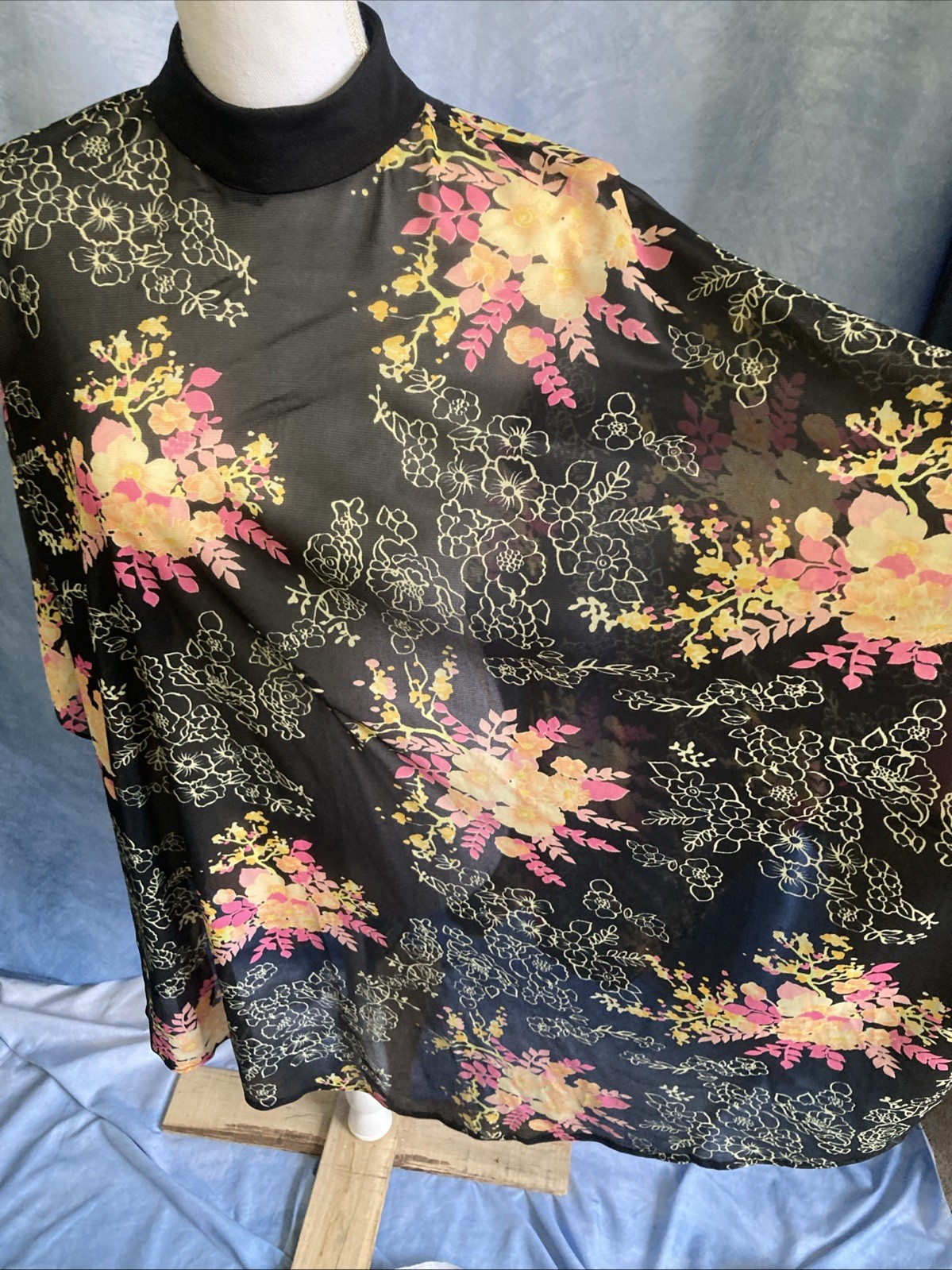 Vtg 70s Floral Chiffon Poncho Sheer Mock Neck Boho Festival Cape Top XS S EUC