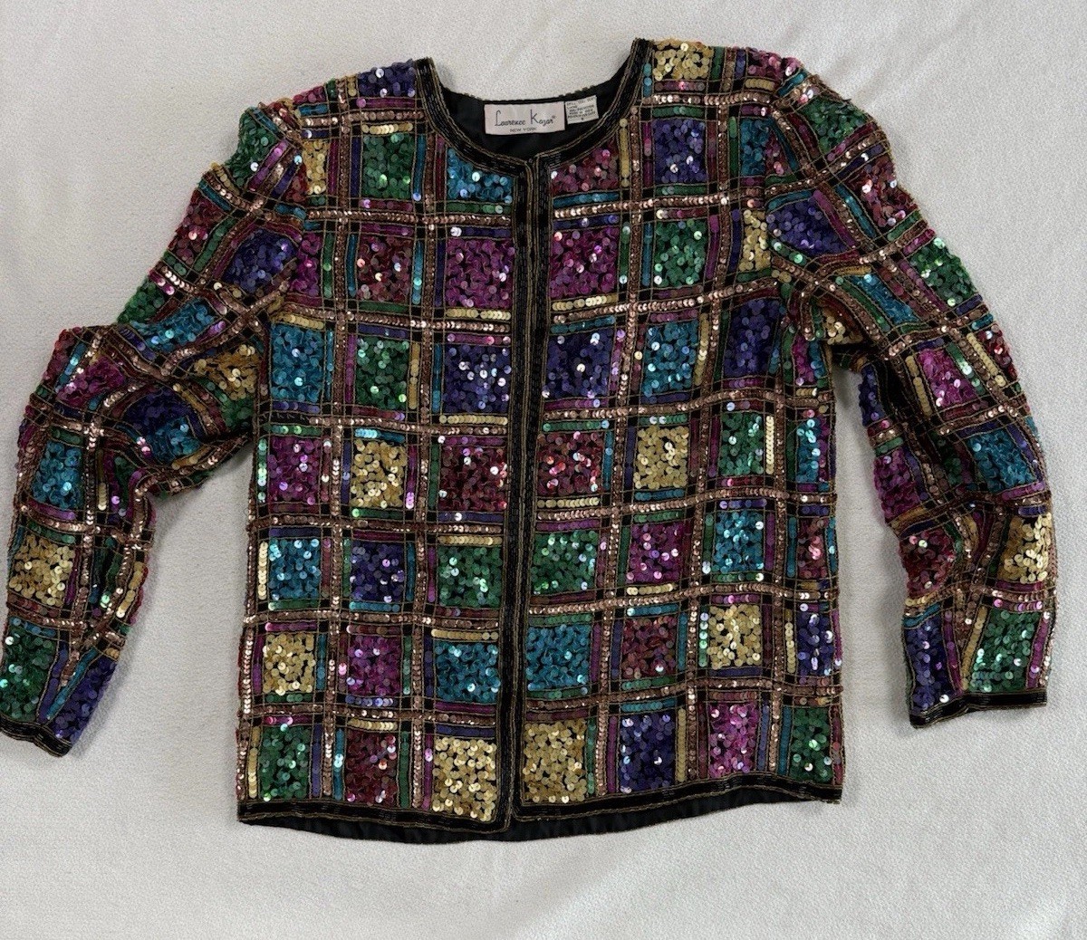 LAURENCE KAZAR Vintage Sequin SILK Evening Jacket, Small Petite, Disco Colorful